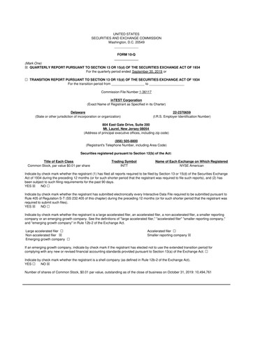 Thumbnail inTEST Corporation 10-Q Quarterly Report FY2019 