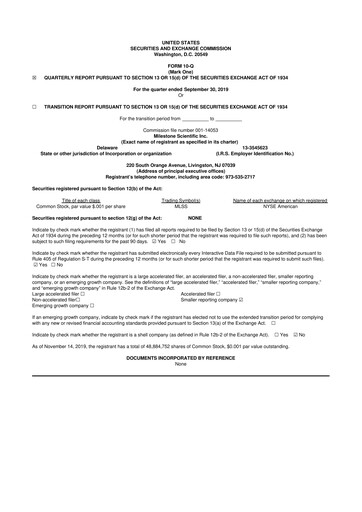 Thumbnail Milestone Scientific 10-Q Quarterly Report FY2019 