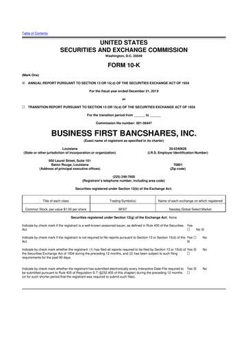 Thumbnail Business First Bancshares 10-K Annual Report 2019
