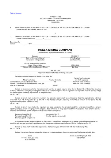 Miniature Hecla Mining
 10-Q Rapport trimestriel 2020 