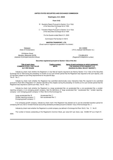 Thumbnail Marten Transport 10-Q Quarterly Report FY2020 