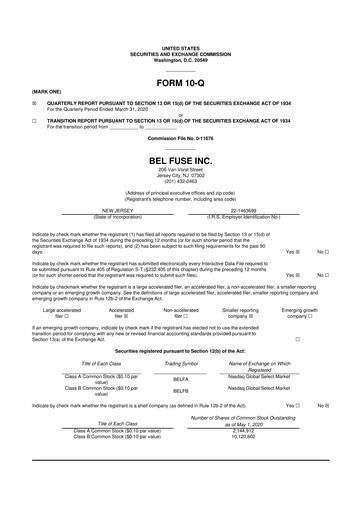 Thumbnail Bel Fuse 10-Q Quarterly Report FY2020 