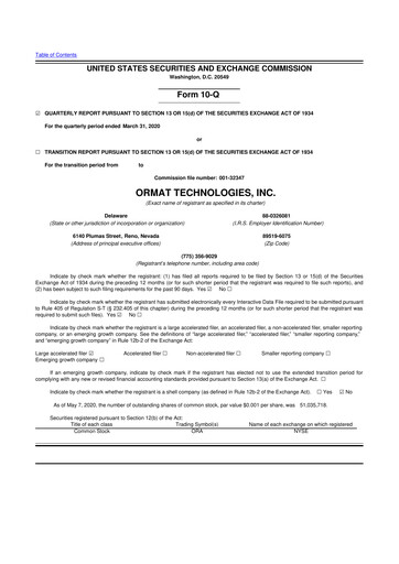 Miniature Ormat Technologies
 10-Q Rapport trimestriel 2020 