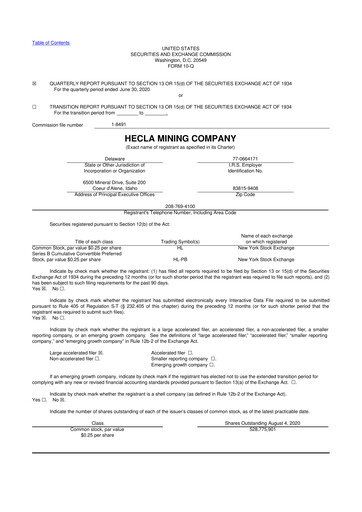 Miniature Hecla Mining
 10-Q Rapport trimestriel 2020 