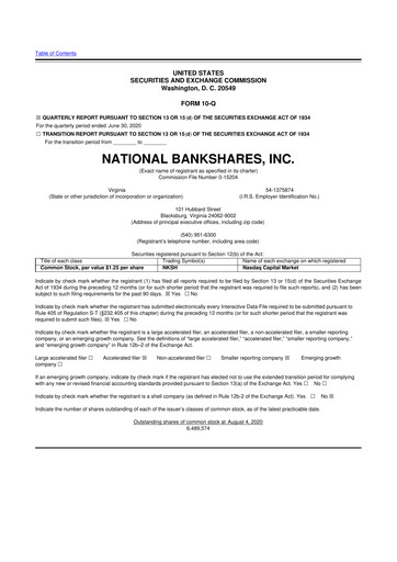 Thumbnail National Bankshares 10-Q Quarterly Report FY2020 
