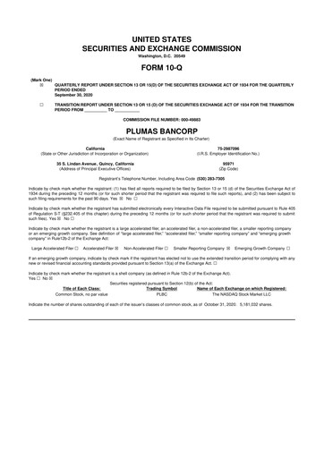 Vorschaubild Plumas Bancorp 10-Q Quartalsbericht 2020 