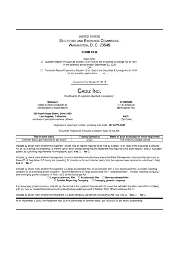 Miniature Cadiz Inc. 10-Q Rapport trimestriel 2020 