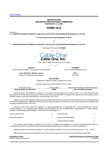 Miniature Cable One 10-Q Rapport trimestriel 2020 