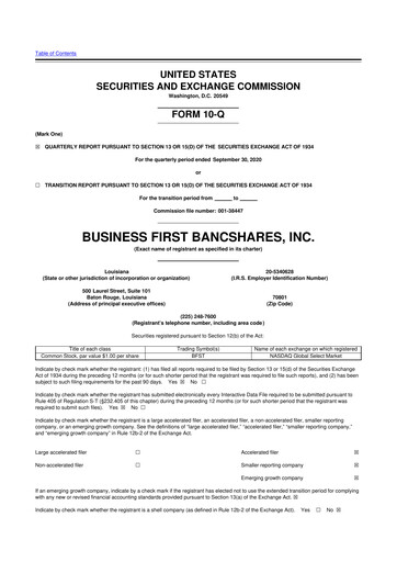 Thumbnail Business First Bancshares 10-Q Quarterly Report FY2020 