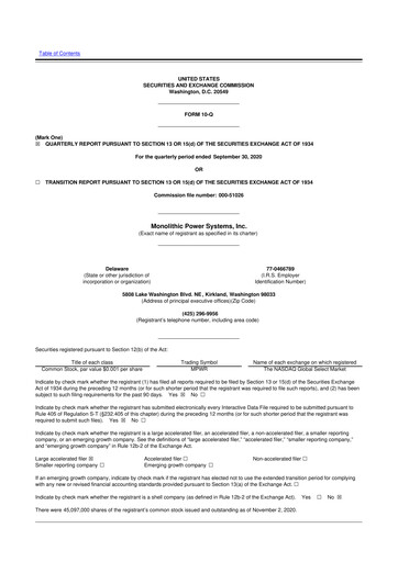 Miniature Monolithic Power Systems 10-Q Rapport trimestriel 2020 