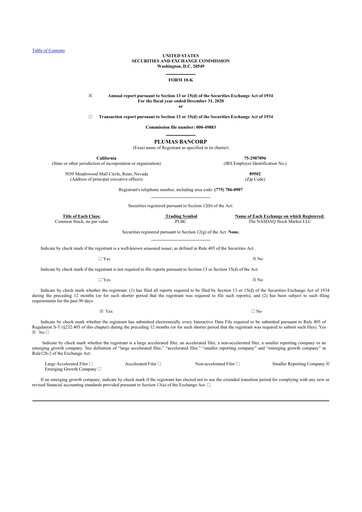 Thumbnail Plumas Bancorp 10-K Annual Report 2020