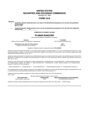 Vorschaubild Plumas Bancorp 10-Q Quartalsbericht 2021 