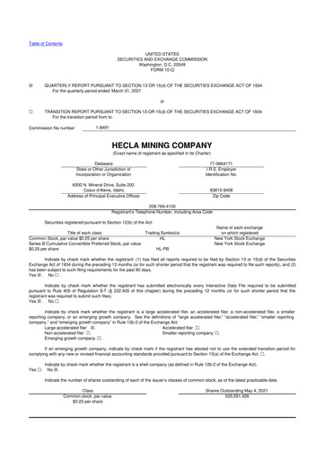 Miniature Hecla Mining
 10-Q Rapport trimestriel 2021 