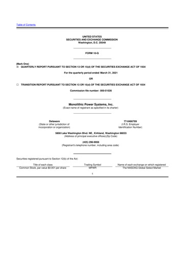 Miniature Monolithic Power Systems 10-Q Rapport trimestriel 2021 