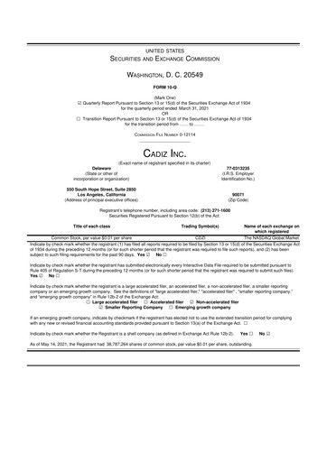 Miniature Cadiz Inc. 10-Q Rapport trimestriel 2021 