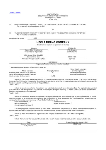 Miniature Hecla Mining
 10-Q Rapport trimestriel 2021 