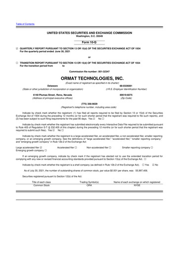 Miniature Ormat Technologies
 10-Q Rapport trimestriel 2021 