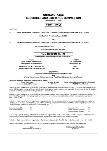 Miniature RGC Resources 10-Q Rapport trimestriel 2021 