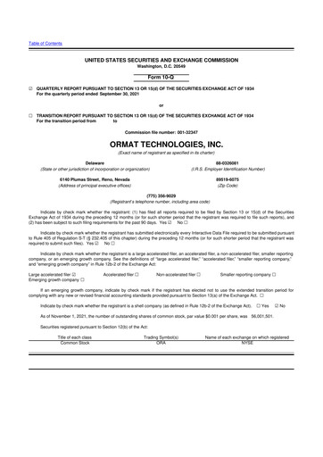 Miniature Ormat Technologies
 10-Q Rapport trimestriel 2021 