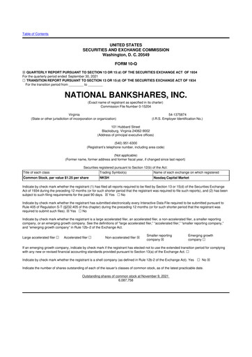 Thumbnail National Bankshares 10-Q Quarterly Report FY2021 