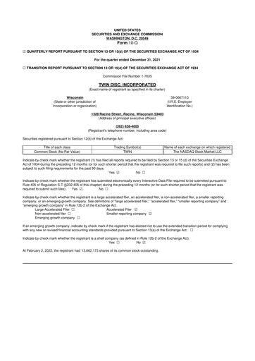 Thumbnail Twin Disc
 10-Q Quarterly Report FY2022 