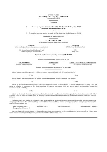 Thumbnail Plumas Bancorp 10-K Annual Report 2021