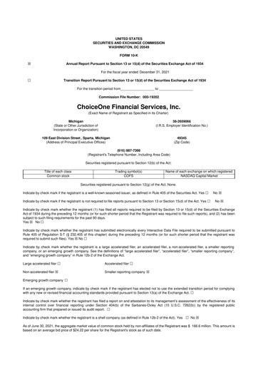 Miniature ChoiceOne Financial Services 10-K Rapport annuel 2021