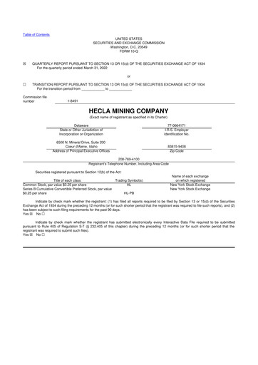 Miniature Hecla Mining
 10-Q Rapport trimestriel 2022 