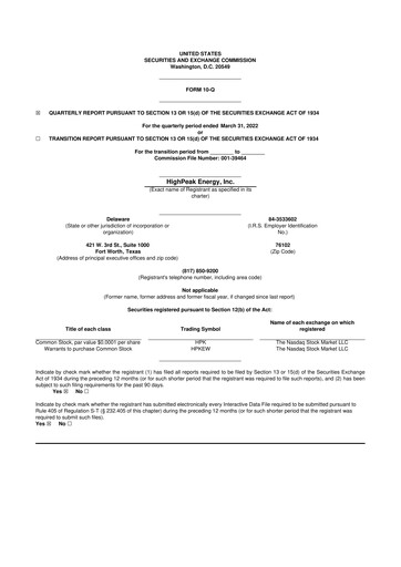 Vorschaubild HighPeak Energy 10-Q Quartalsbericht 2022 