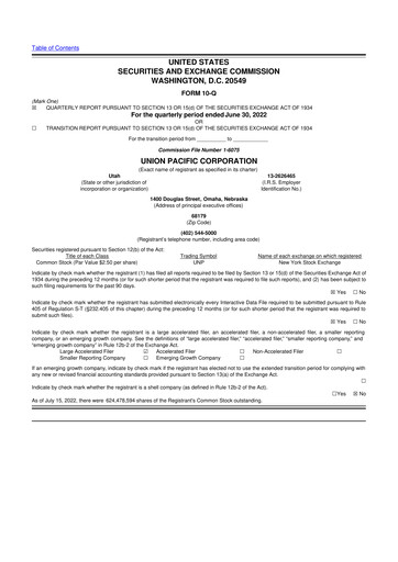 Thumbnail Union Pacific Corporation 10-Q Quarterly Report FY2022 