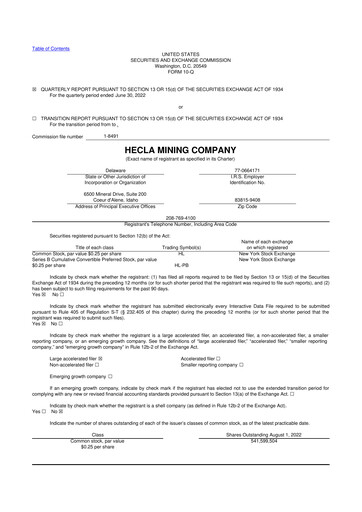 Miniature Hecla Mining
 10-Q Rapport trimestriel 2022 
