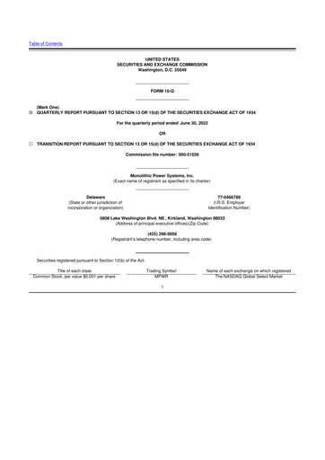 Miniature Monolithic Power Systems 10-Q Rapport trimestriel 2022 