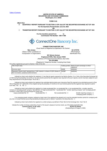 Miniature ConnectOne Bancorp 10-Q Rapport trimestriel 2022 