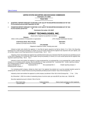 Miniature Ormat Technologies
 10-Q Rapport trimestriel 2022 