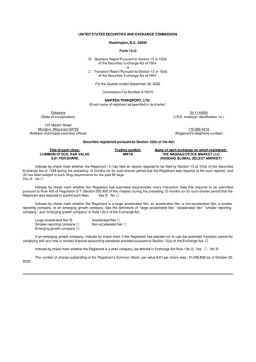 Thumbnail Marten Transport 10-Q Quarterly Report FY2022 