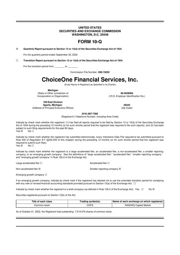 Miniature ChoiceOne Financial Services 10-Q Rapport trimestriel 2022 