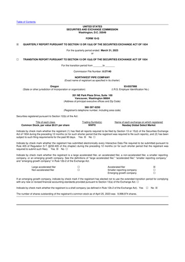 Thumbnail Northwest Pipe Company
 10-Q Quarterly Report FY2023 