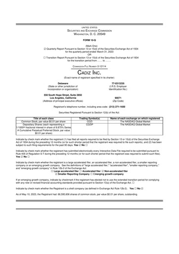 Miniature Cadiz Inc. 10-Q Rapport trimestriel 2023 