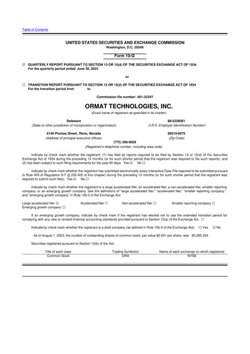 Miniature Ormat Technologies
 10-Q Rapport trimestriel 2023 