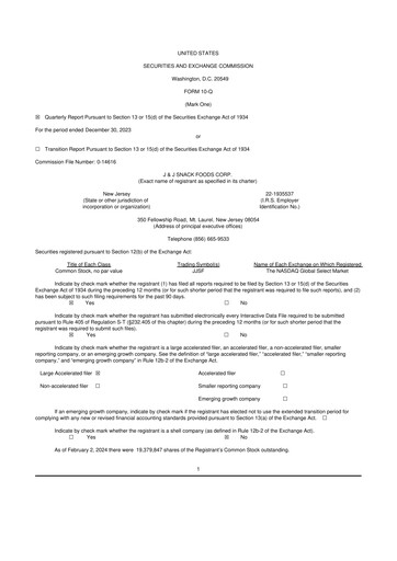 Thumbnail J&J Snack Foods
 10-Q Quarterly Report FY2024 