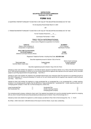 Thumbnail Trio-Tech International 10-Q Quarterly Report FY2024 Q3