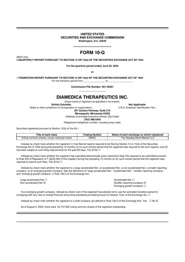 Thumbnail DiaMedica Therapeutics 10-Q Quarterly Report FY2024 