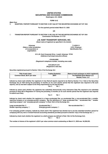 Thumbnail J. B. Hunt
 10-Q Quarterly Report FY 