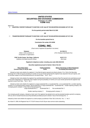 Thumbnail Cohu 10-Q Quarterly Report FY 