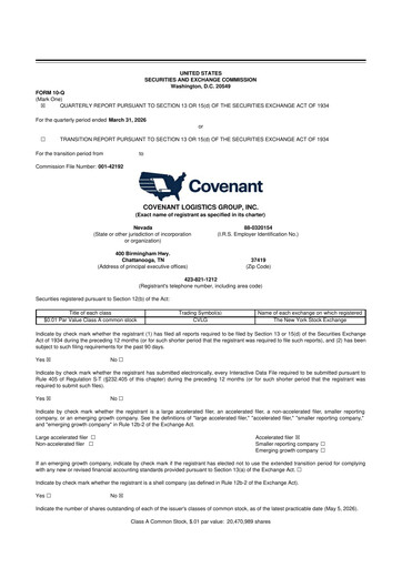 Thumbnail Covenant Logistics
 10-Q Quarterly Report FY 