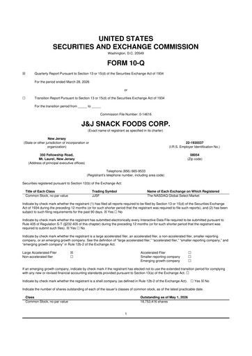 Thumbnail J&J Snack Foods
 10-Q Quarterly Report FY2026 