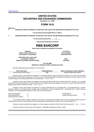 Miniature RBB Bancorp 10-Q Rapport trimestriel  