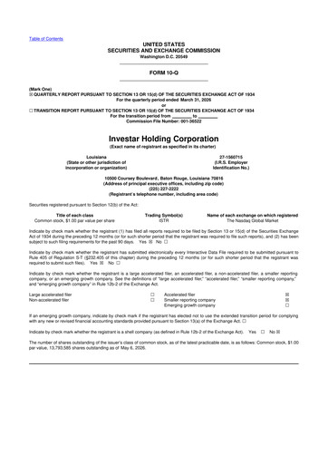 Miniature Investar Holding
 10-Q Rapport trimestriel  