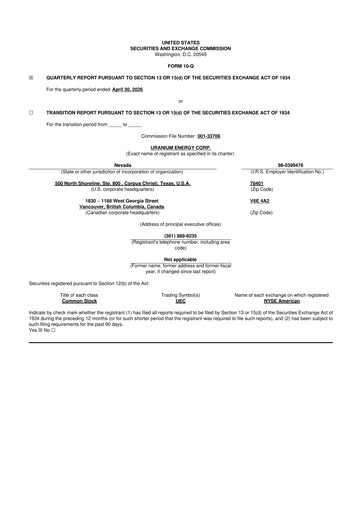 Thumbnail Uranium Energy
 10-Q Quarterly Report FY2026 