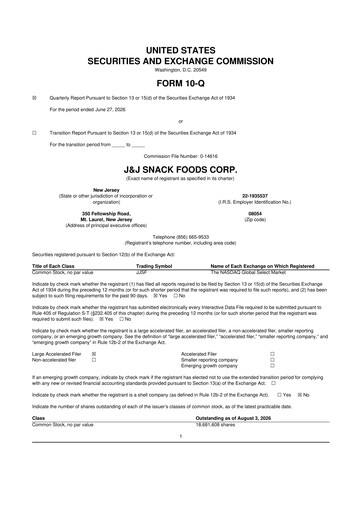 Thumbnail J&J Snack Foods
 10-Q Quarterly Report FY2026 